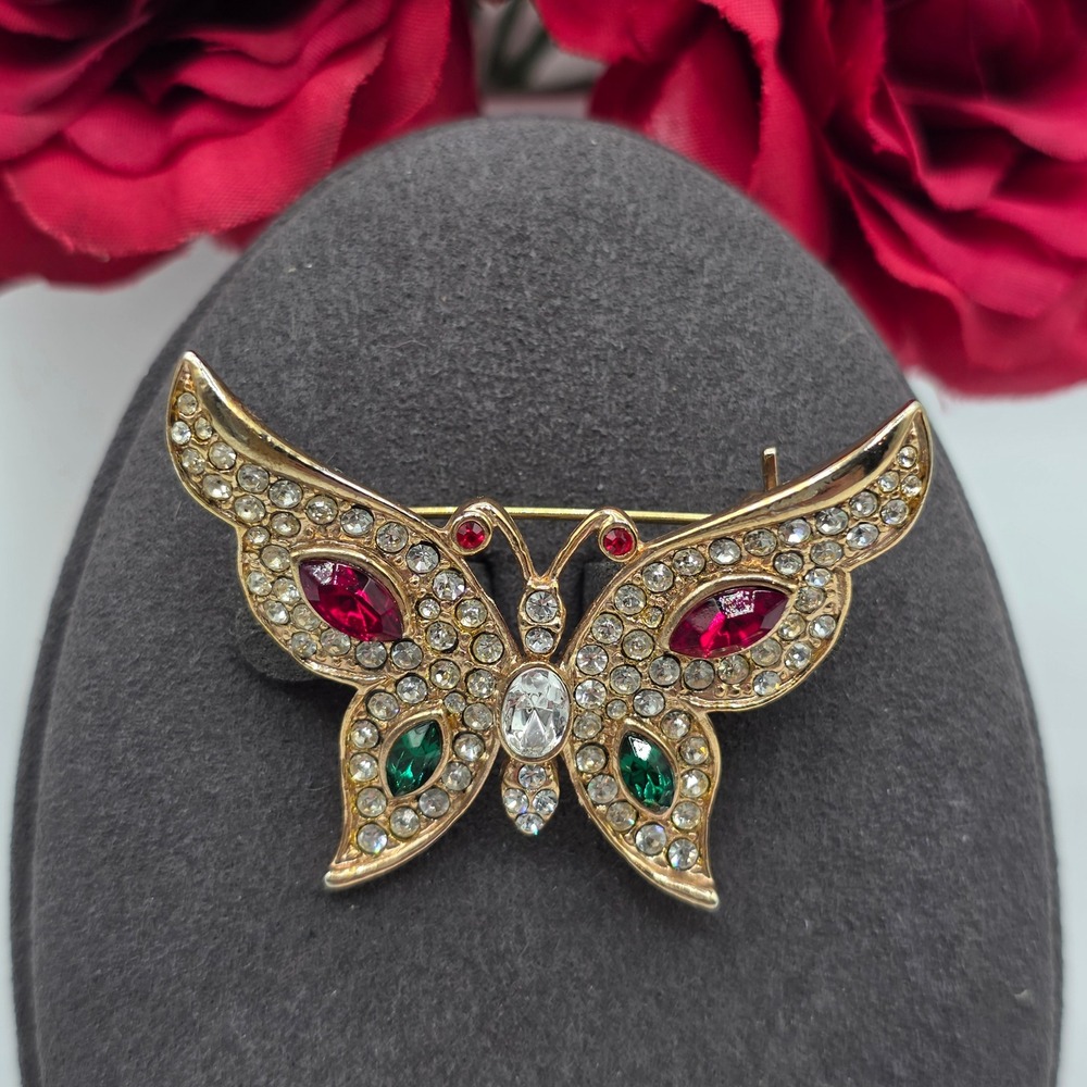 Vintage Gold Tone Butterfly Brooch Red Green Clear Rhinestone Pave Pin
